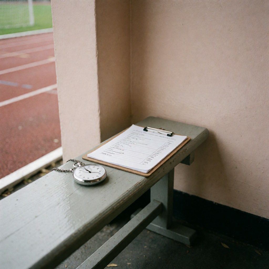 Un chronomètre de poche et un carnet de notes posés sur un banc en bois dans une zone d'athlétisme avec une piste visible en arrière-plan sous une lumière diffuse.