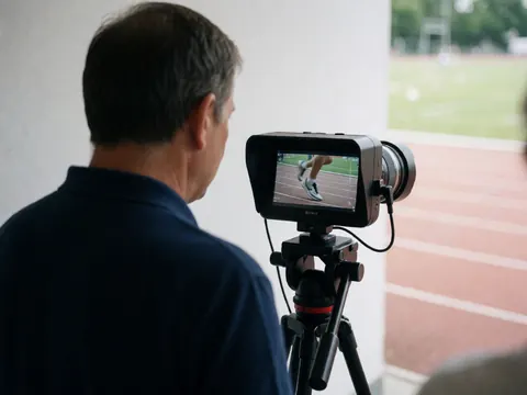Un entraîneur d'athlétisme observe la technique d'un coureur via un moniteur de caméra, avec un arrière-plan flou montrant une voie et de l'herbe.