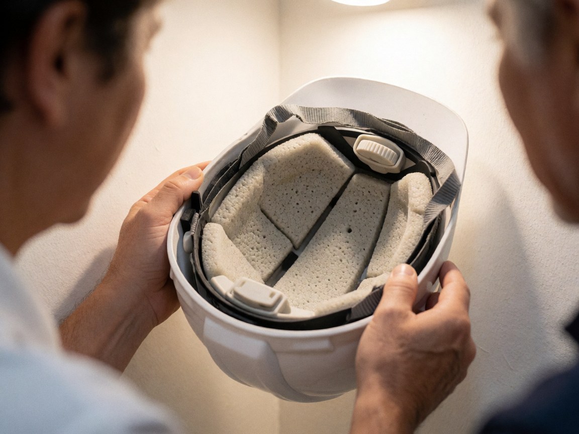 Vue rapprochée de l'intérieur d'un casque blanc montrant la texture poreuse de la mousse et le mécanisme de réglage, tenu par des mains dans un espace intérieur aux murs blancs.
