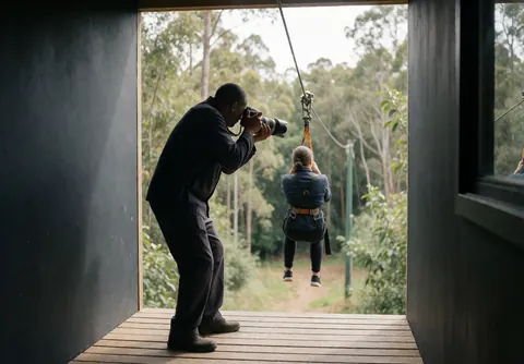 Photographe professionnel sur une plateforme en bois prend en photo un client en tyrolienne avec un téléobjectif, dans un cadre forestier naturel à la lumière du jour.