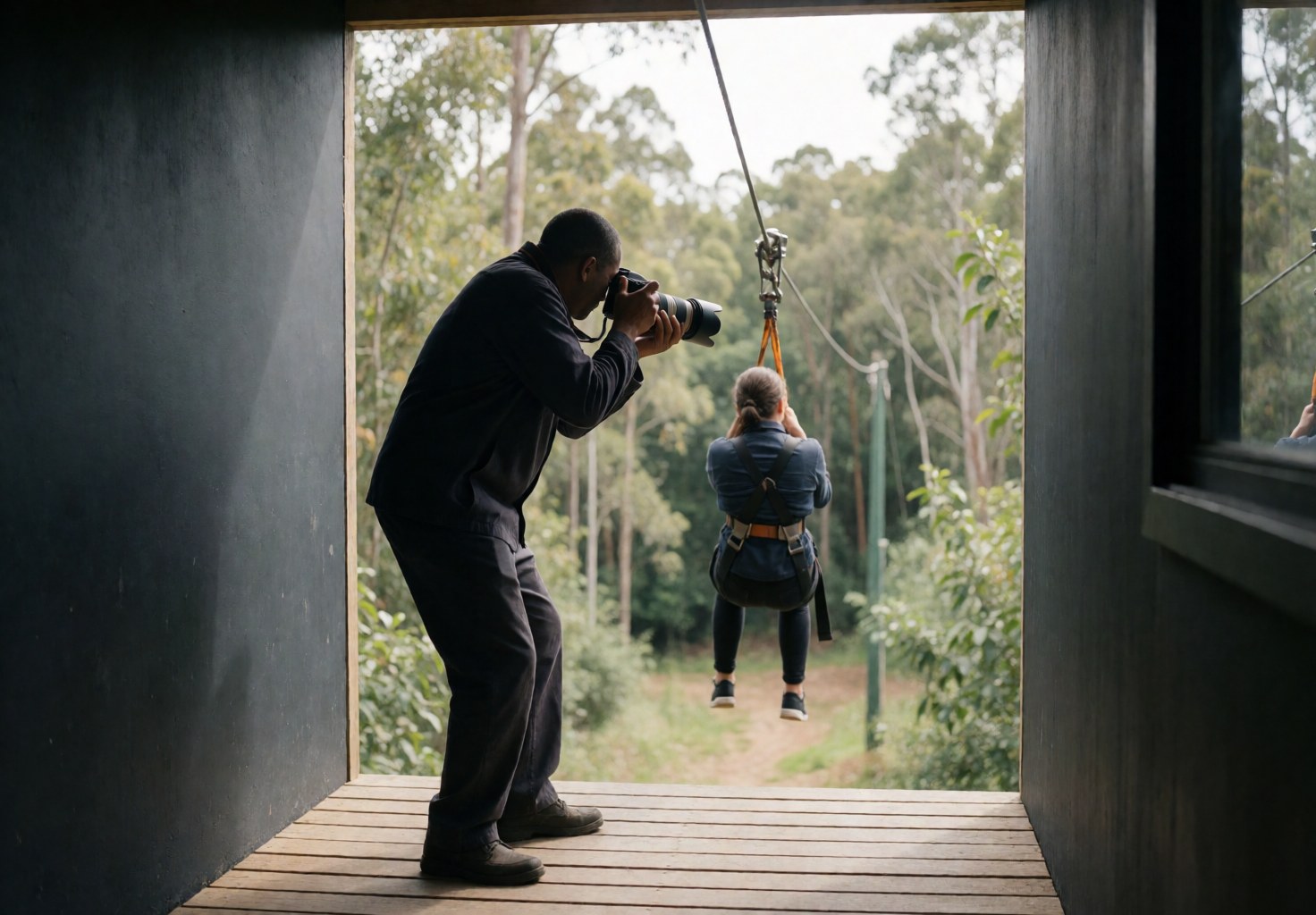 Photographe professionnel sur une plateforme en bois prend en photo un client en tyrolienne avec un téléobjectif, dans un cadre forestier naturel à la lumière du jour.