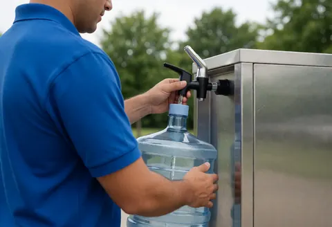 Un employé remplit une bonbonne d'eau avec un distributeur en acier inoxydable à l'extérieur, entouré d'arbres verts.