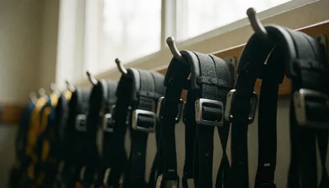 Des ceintures de sécurité noires avec des boucles métalliques sont suspendues en ligne sur des crochets, avec une lumière naturelle filtrant par une fenêtre et un fond flou.