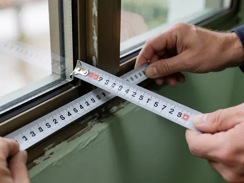 Les mains d'un installateur mesurent précisément le cadre métallique d'une fenêtre. La règle affiche des centimètres clairs sur un fond de mur peint en vert sauge.