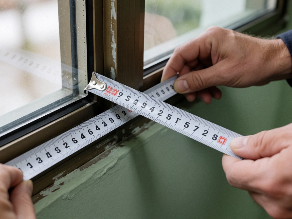 Les mains d'un installateur mesurent précisément le cadre métallique d'une fenêtre. La règle affiche des centimètres clairs sur un fond de mur peint en vert sauge.