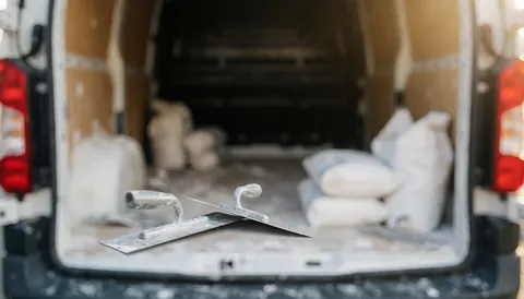 Arrière-plan d'une camionnette ouverte avec des sacs de plâtre et des outils de finition, idéal pour des textes commerciaux, lumière chaude et flou artistique.