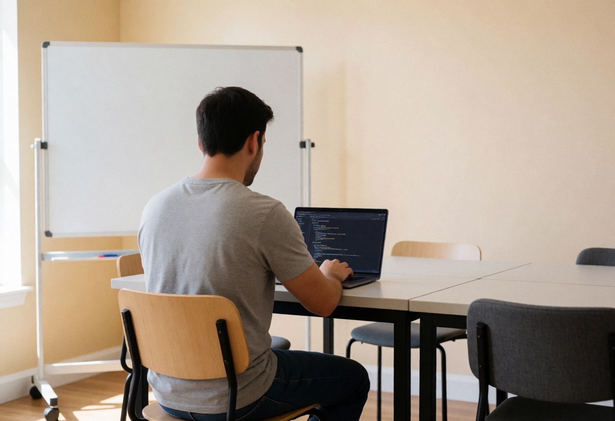 Un homme adulte code sur un ordinateur portable posé sur un bureau partagé, près d'un tableau blanc sur roulettes, dans un bureau lumineux aux murs beige.