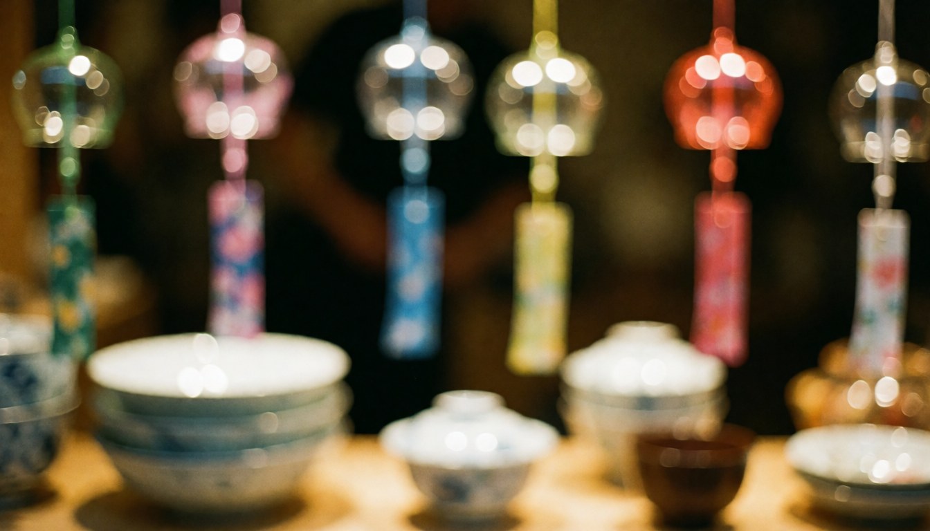 Fond d'atelier de verrerie avec carillons en verre suspendus et bols empilés, éclairage chaleureux et effet de flou doux pour texte.
