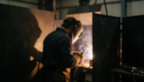 Soudeur en atelier industriel avec équipement de protection, fond sombre et flou, éclairage chaud et professionnel pour textes.