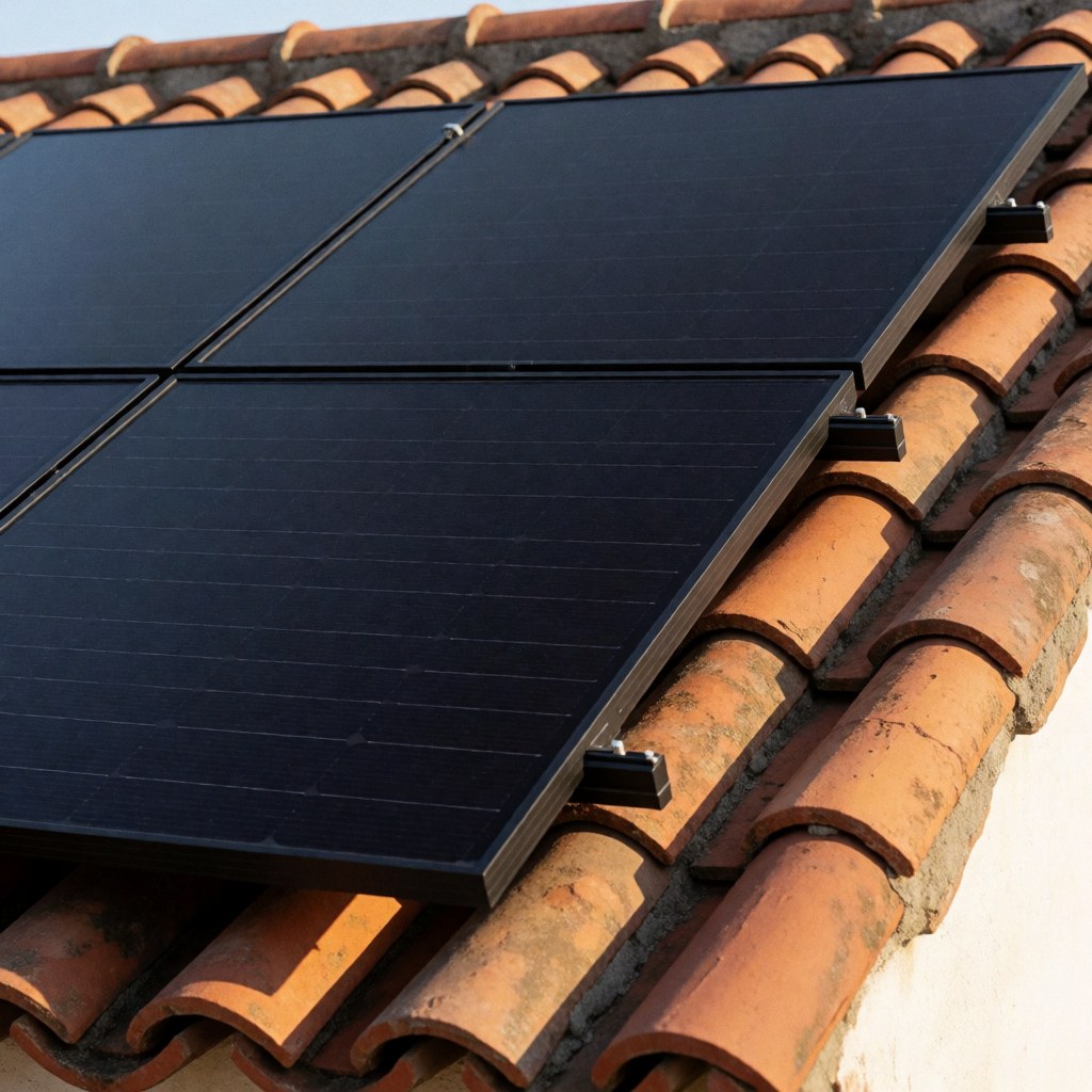Panneau solaire noir installé sur un toit de tuiles terracotta avec une lumière solaire brillante et une texture céramique visible, montage sécurisé par des vis.