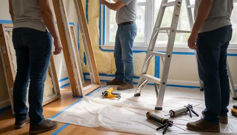 Trois ouvriers installent une fenêtre à isolation thermique dans un intérieur, avec outils, échelle et ruban bleu au sol.