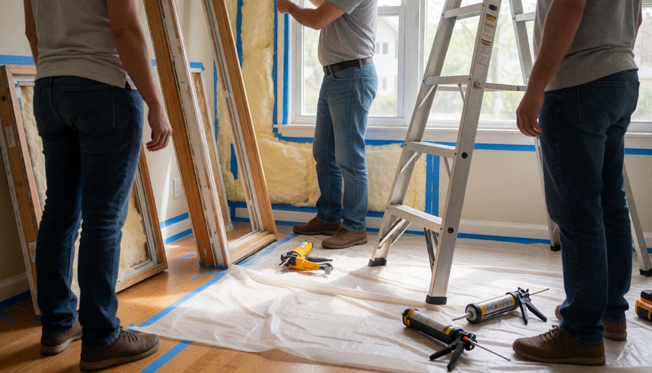 Trois ouvriers installent une fenêtre à isolation thermique dans un intérieur, avec outils, échelle et ruban bleu au sol.