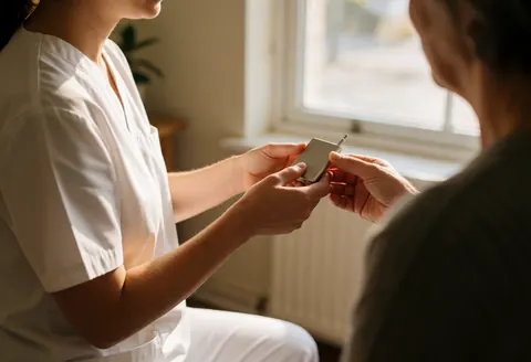 Un thérapeute en uniforme blanc transmet un appareil audio à une cliente lors d'une consultation dans un intérieur lumineux.
