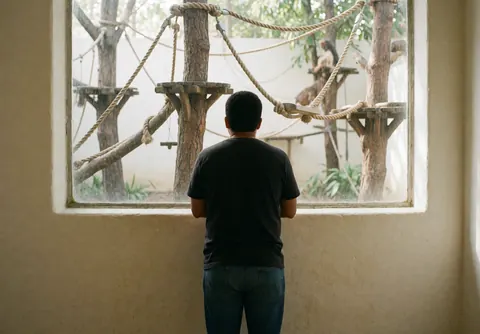 Vue arrière d'une personne regardant des primates dans un habitat avec arbres et cordes sous lumière naturelle au zoo.