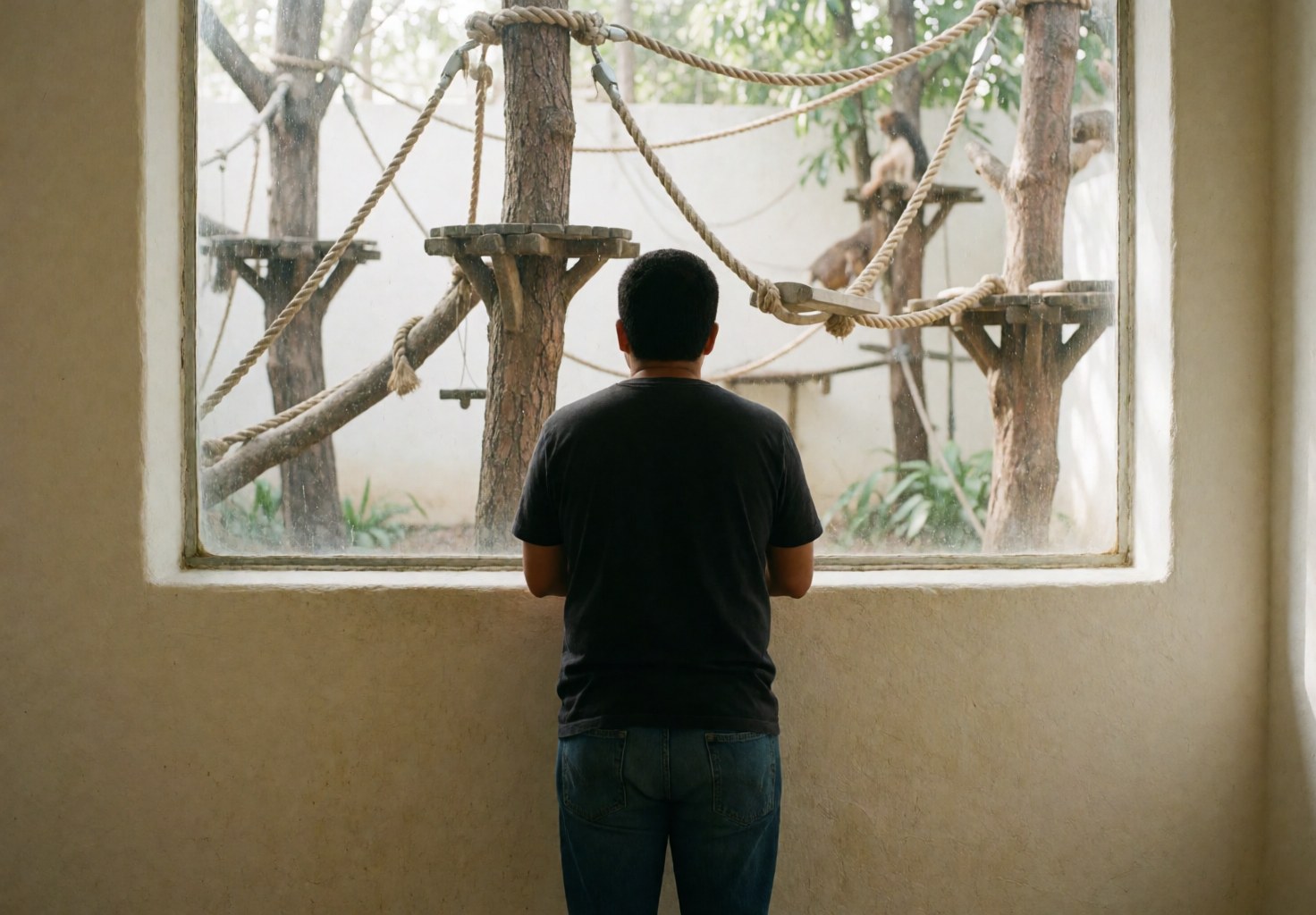 Vue arrière d'une personne regardant des primates dans un habitat avec arbres et cordes sous lumière naturelle au zoo.