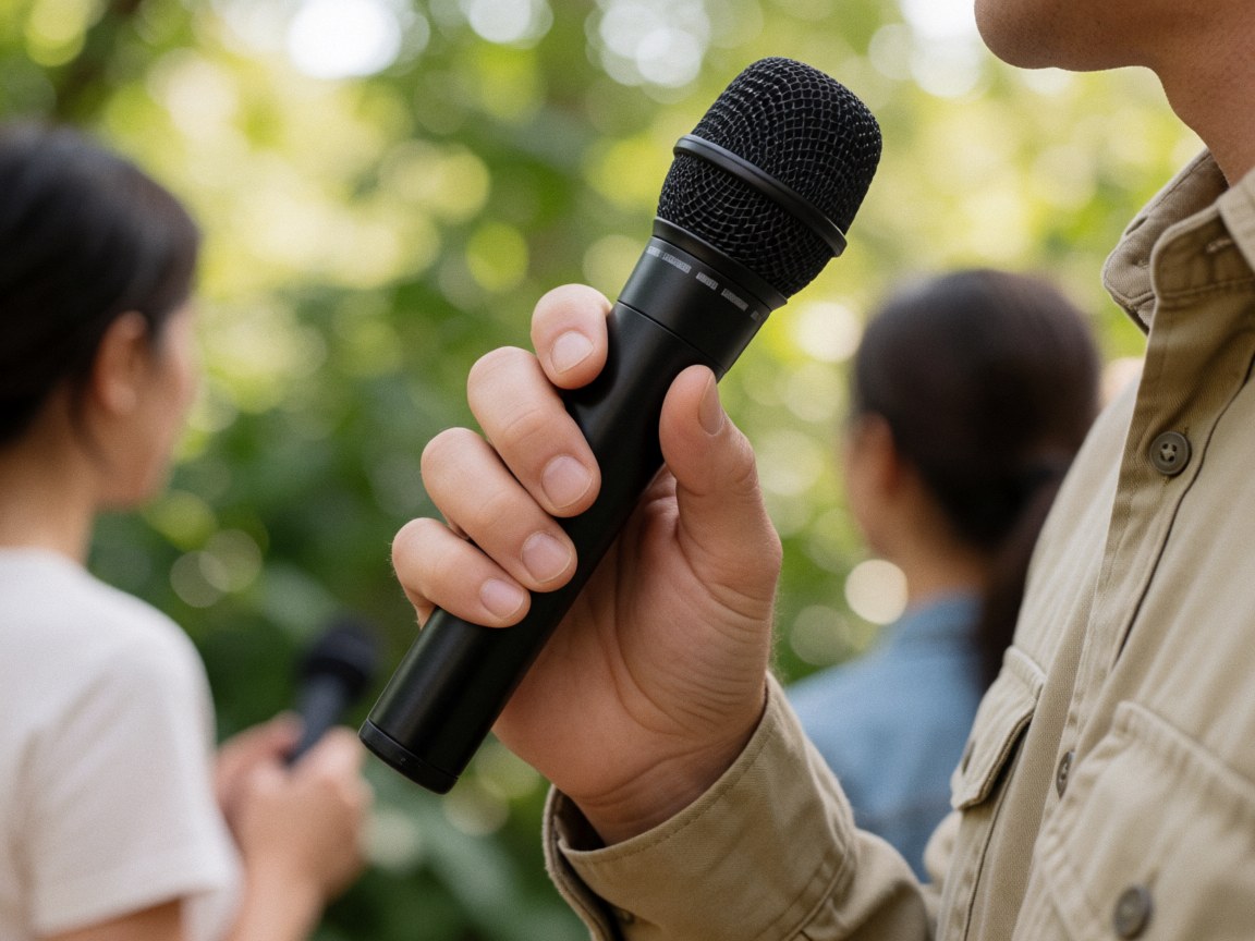 Guide tenant un microphone noir en main avec un fond flou de végétation, idéal pour un zoo ou un parc naturel.