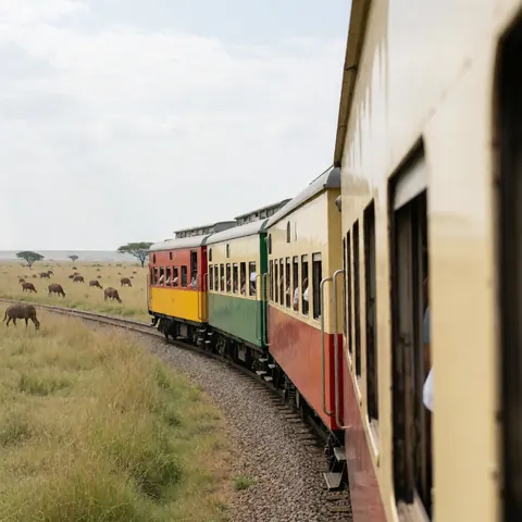 Un train de safari avec des voyageurs regardant les animaux dans la savane, entouré d'arbres sous un ciel nuageux aux tons verts et terre.