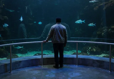 Un visiteur regarde des poissons nager dans un grand aquarium éclairé en bleu, adossé à une rambarde métallique.