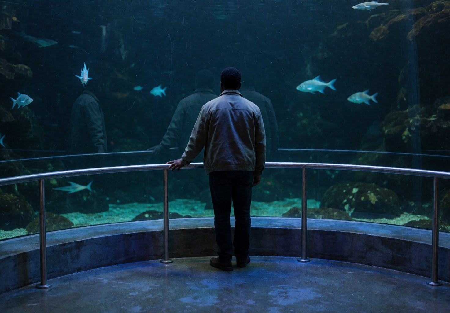 Un visiteur regarde des poissons nager dans un grand aquarium éclairé en bleu, adossé à une rambarde métallique.