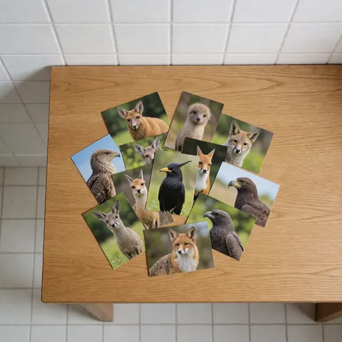 Postales avec portraits d'animaux sauvages sur une table en bois clair, murs de carreaux blancs, éclairage doux et uniforme.