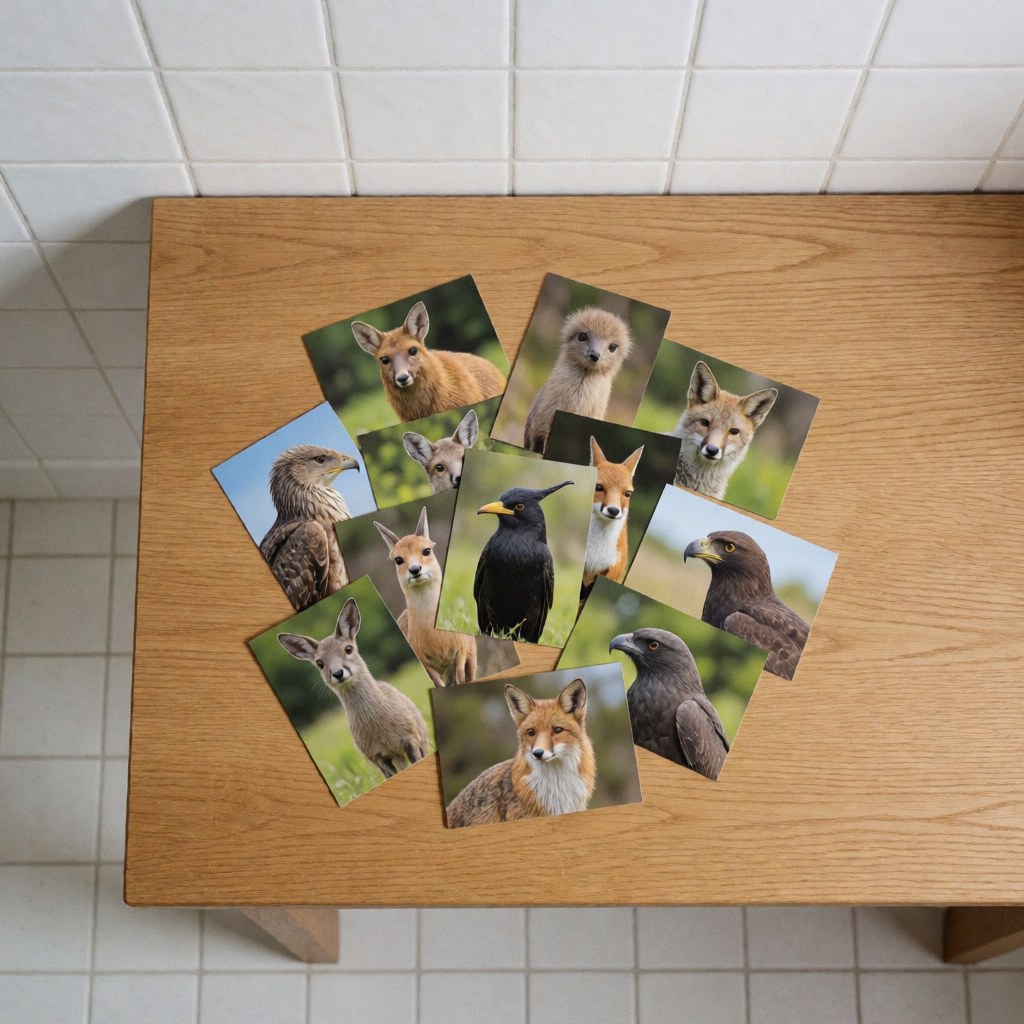 Postales avec portraits d'animaux sauvages sur une table en bois clair, murs de carreaux blancs, éclairage doux et uniforme.