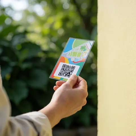 Une main tient un ticket plastifié affichant une carte du zoo et un code qr, devant un mur jaune et un feuillage vert flou en arrière-plan.