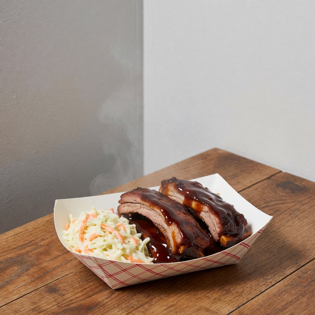 Des côtelettes de porc nappées de sauce barbecue et accompagnées de coleslaw, présentées dans une boîte en papier posée sur une table en bois, avec de la vapeur qui s'en échappe.