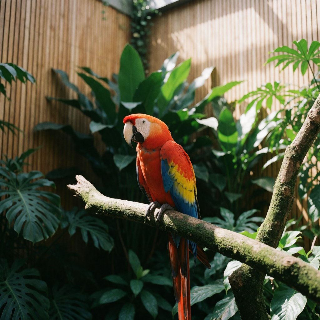 Un perroquet écarlate aux plumes rouges, jaunes et bleues posé sur une branche couverte de mousse, entouré de feuilles vertes tropicales et de parois en bambou.