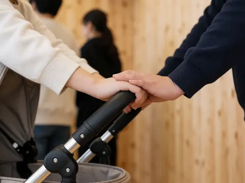 Gros plan sur des mains adultes saisissant fermement la poignée ergonomique d'un landau, mettant en valeur le design et les matériaux utilisés.