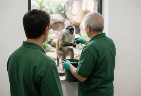 Deux employés de zoo nourrissent un singe par une fenêtre avec un récipient. Scène naturelle avec végétation et rochers en arrière-plan. Uniformes verts et gants.