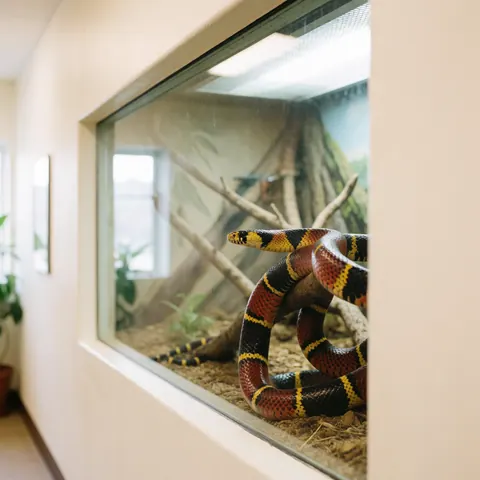 Serpent corail aux bandes rouges, jaunes et noires exposé dans un terrarium en verre avec des branches et du sol terreux au zoo.