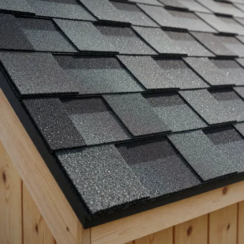 Gros plan de tuiles d'asphalte gris foncé à texture granulaire posées sur un toit incliné avec des murs en bois clair sous la lumière du soleil.