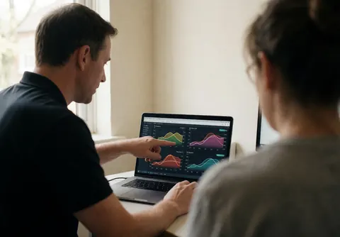Un entraîneur montre à un client des graphiques de rythme cardiaque et de vitesse sur un écran dans un bureau lumineux.
