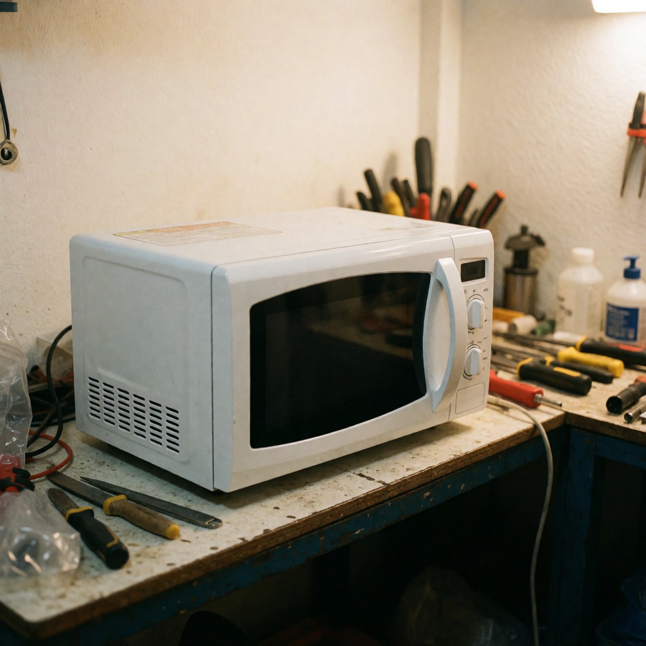 Un micro-ondes blanc réparé repose sur un établi avec des outils, bouteilles et ustensiles de réparation dans un petit atelier.