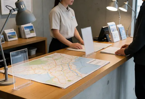 Kiosque d'information de zoo présentant une grande carte, des brochures et du personnel aidant un visiteur. Mobilier en bois et murs en béton.