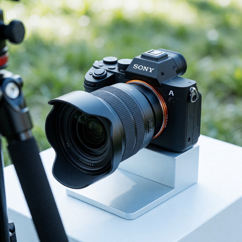 Appareil photo Sony A7III équipé d'un objectif grand angle posé sur un support blanc, avec un fond vert flou, un trépied partiellement visible et une éclairage naturel.