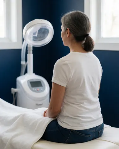 Un client est assis sur une table blanche dans une clinique aux murs bleus, avec un dispositif de traitement facial blanc à ses côtés, dans un environnement propre et professionnel.