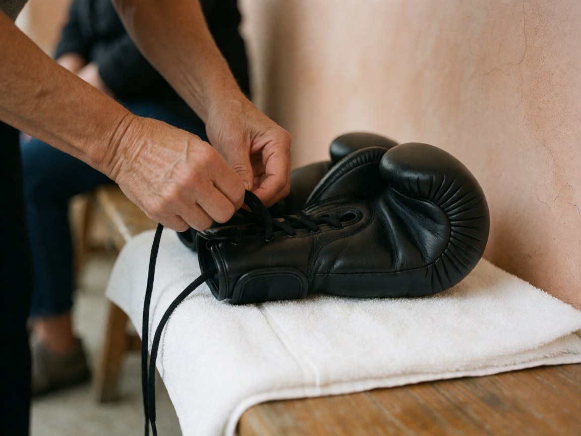 Mains liées autour de gants de boxe noirs posés sur une serviette blanche, sur un banc en bois devant un mur terracotta.