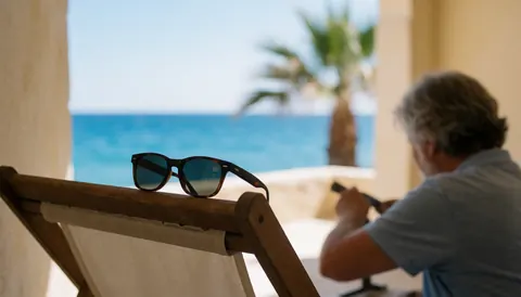 Des lunettes de soleil posées sur une chaise en bois avec un homme travaillant en arrière-plan et une vue sur la mer bleue et les palmiers flous.