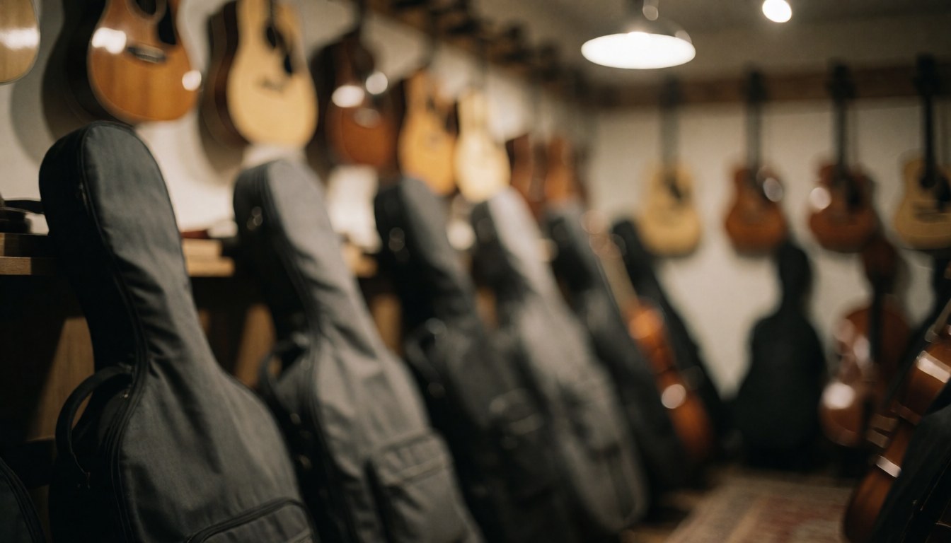 Fond d'étude musicale avec boîtes d'instruments et guitares suspendues, éclairage chaleureux et effet bokeh doux, idéal pour textes.