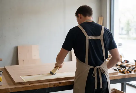 Un menuisier professionnel applique du mastic à la brosse sur une grande planche de bois dans un atelier avec des outils rangés et une lumière naturelle.