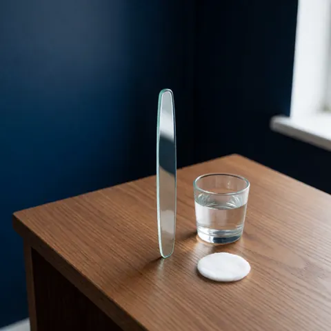 Bouteille en verre pour les ongles, verre d'eau et chiffon en coton posés sur une table en bois avec un mur bleu marine et une lumière naturelle.