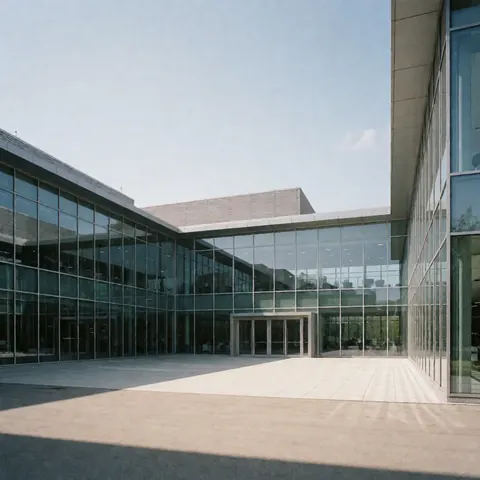 Bâtiment de bureaux moderne avec une façade vitrée et des structures en acier, sur un sol en pierre, sous un ciel dégagé et un soleil brillant, idéal pour les portails d'entreprise.