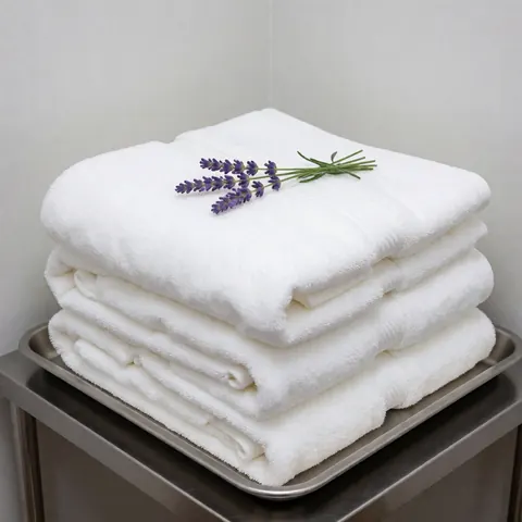 Pile de serviettes blanches douces sur un plateau en acier inoxydable, accompagnée d'une branche de lavande, idéale pour un spa ou un massage relaxant.