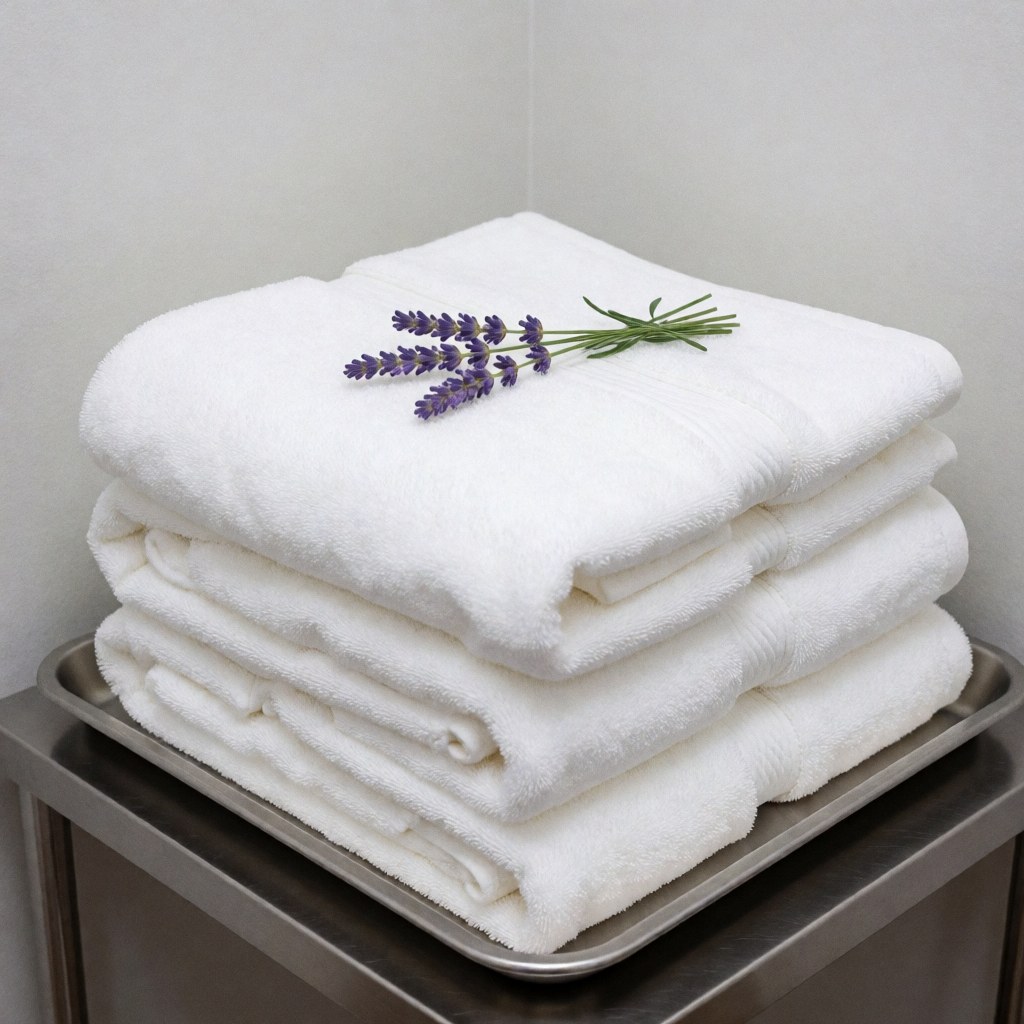 Pile de serviettes blanches douces sur un plateau en acier inoxydable, accompagnée d'une branche de lavande, idéale pour un spa ou un massage relaxant.