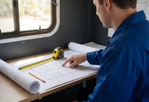 Un technicien en uniforme bleu consulte un plan d'isolation thermique dans un bureau mobile, avec une règle et un crayon, éclairé par la lumière du soleil.