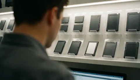 Un technicien examine des unités de stockage sur une étagère bien rangée, avec des SSD et des modules de mémoire visibles dans un environnement professionnel.