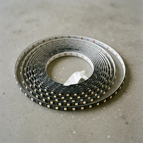 Un ruban LED flexible avec adhésif est enroulé sur un sol en béton gris, idéal pour l'éclairage d'événements et la décoration.