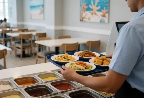 Un employé tient un plateau rempli de plats et condiments devant des tables et une décoration marine en arrière-plan.