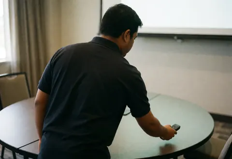 Un employé de dos ajuste une télécommande sur une table ronde dans une salle de réunion avec grand écran et lumière naturelle.